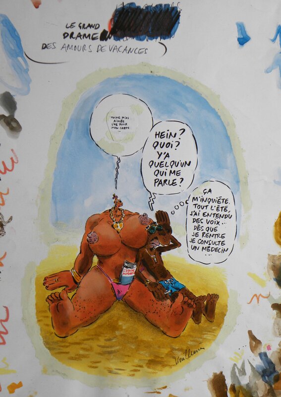 En vente - Les Sales Blagues – » Le Grand Drame Des Amours De Vacances » – Illustration originale – Titre Sommaire – Philippe Vuillemin - Illustration originale