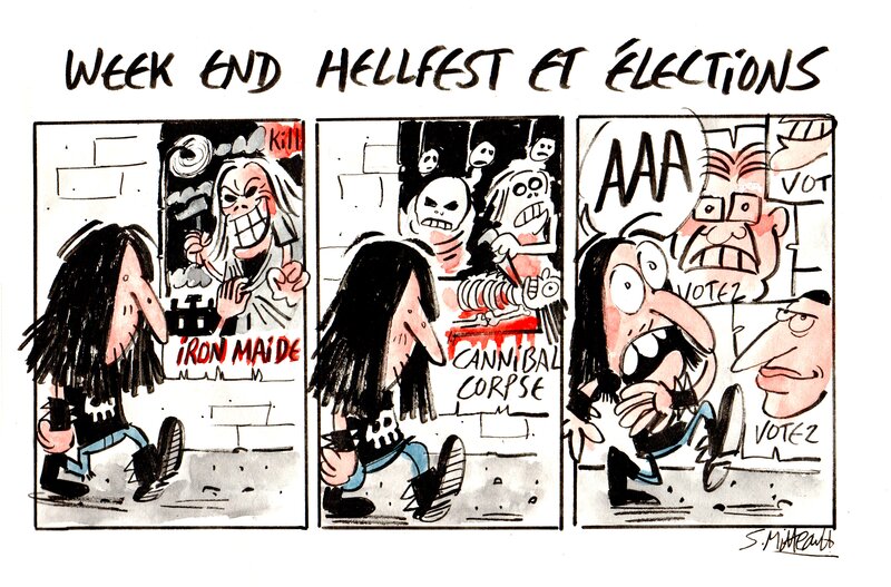 En vente - Simon Mitteault, Hellfest et élections - Planche originale