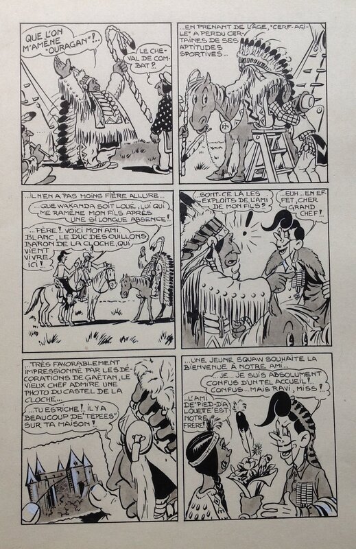 En vente - Rittaud Claude Gus & Gaetan 16 Mariage Planche Originale 2 indien Squaw Cheval Encre de Chine petit format Bd 1951 Atelier Chott - Planche originale