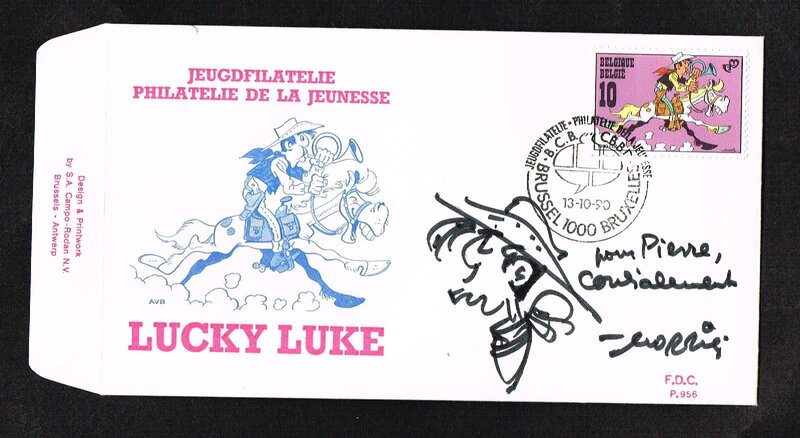Enveloppe 1° jour pour un timbre Belge avec dessin original de Morris. Tête de Lucky Luke - Dédicace