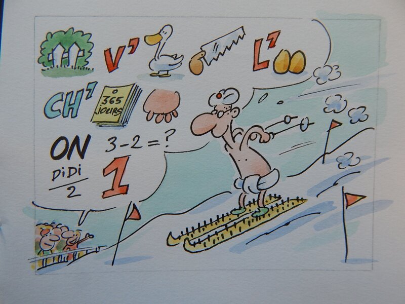 En vente - Bélom - [Belém] tekening in kleur (#4) - Fakir aan het skiën - Illustration originale