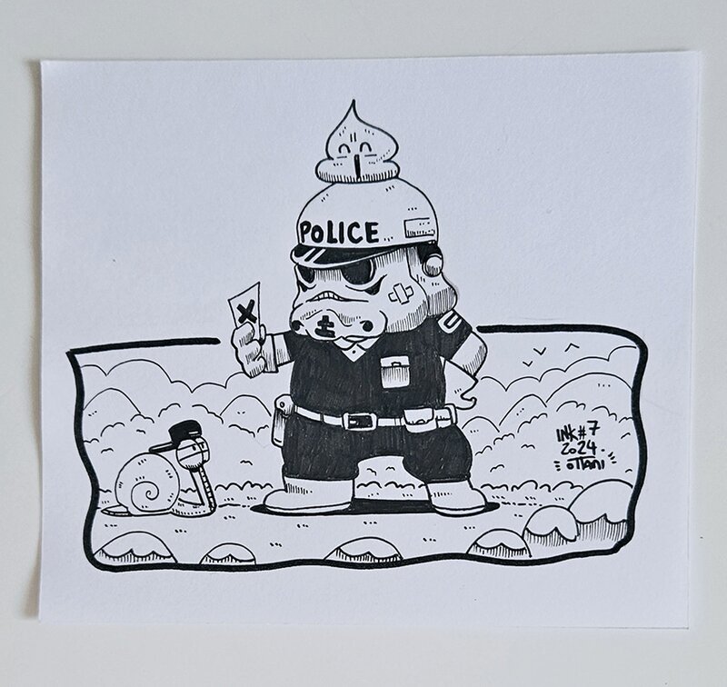 En vente - Dessin original de l'Inktober 2024 :  Le policier Stormtrooper de Dr Slump par oTTami ! - Illustration originale