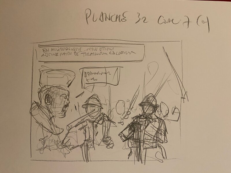 Stéphan Agosto, exceptionnel dossier de croquis préparatoires et brouillons aux planches 29 à 32 de l'album 
