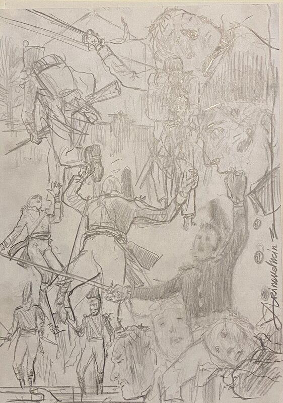Andréi Arinouchkine, illustration originale, planche de recherche, la mort du Lieutenant, 
