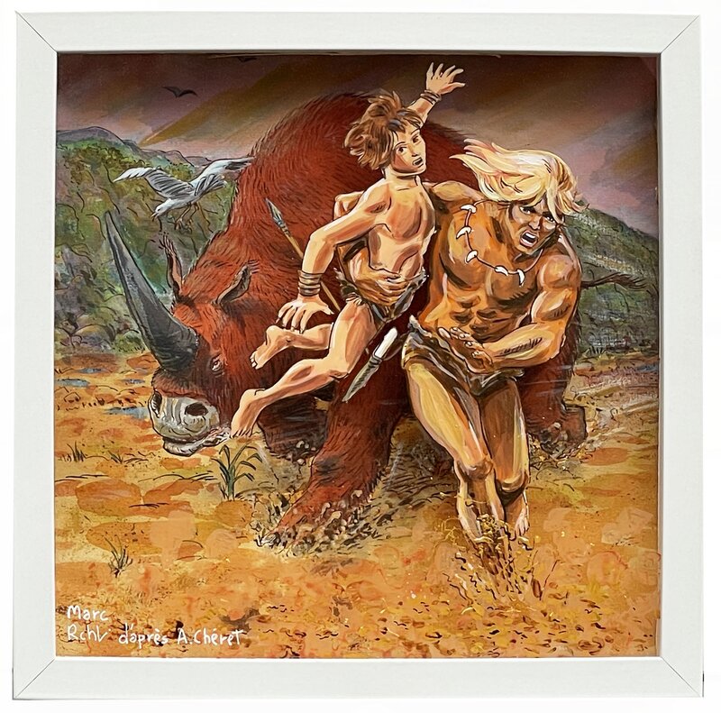 En vente - Marc Rouchairoles d'après Chéret, Rahan, l'enfant et le rhinocéros - Œuvre originale