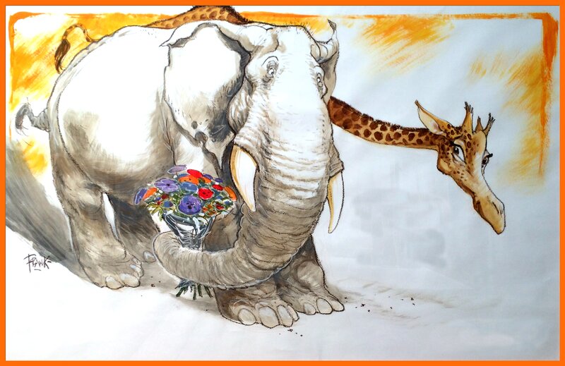 Frank Pé, L'éléphant offrant un bouquet de fleurs et la girafe - Original Illustration