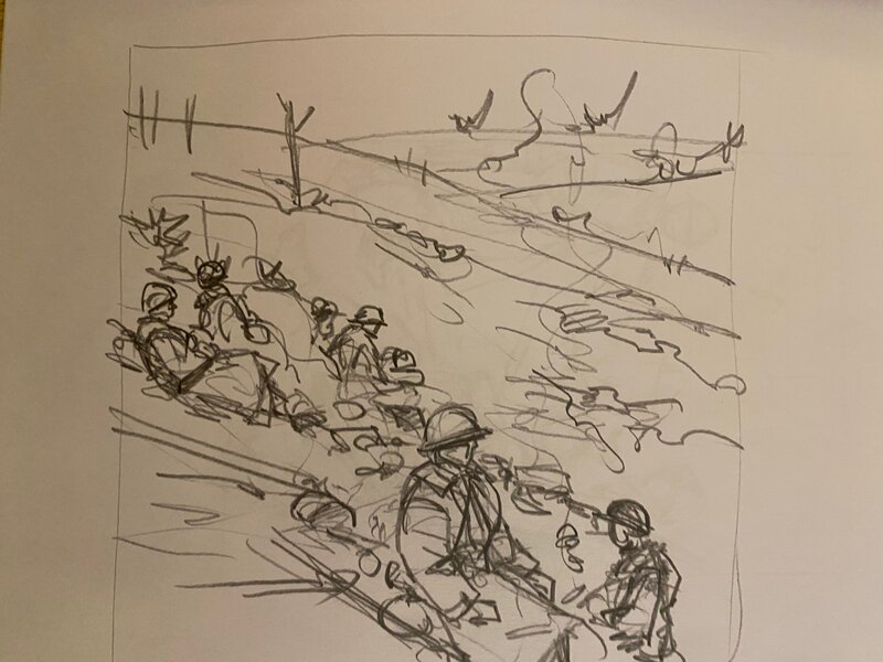 Stéphan Agosto, illustration originale, scène de tranchée, 