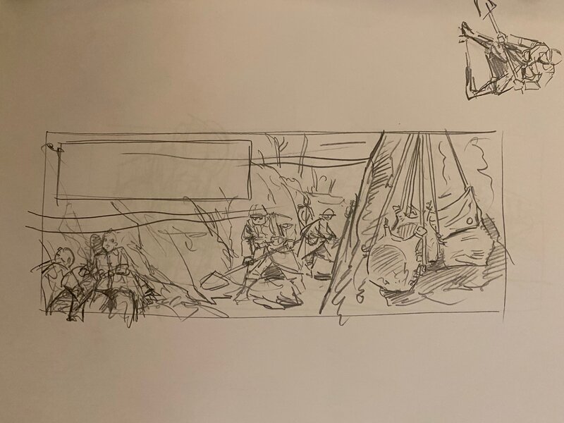 Stéphan Agosto, croquis préparatoire, scène d'entretien d'une tranchée, 