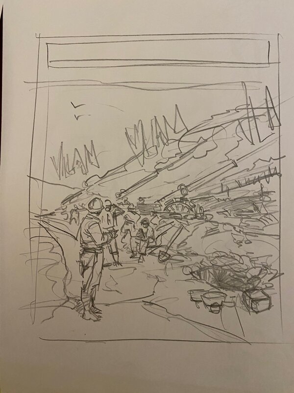Stéphan Agosto, croquis préparatoire, artillerie lourde française en action, 