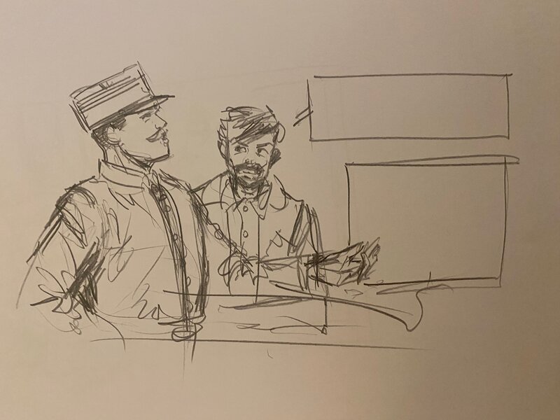 Stéphan Agosto, croquis préparatoire, discussion entre vétérans, 