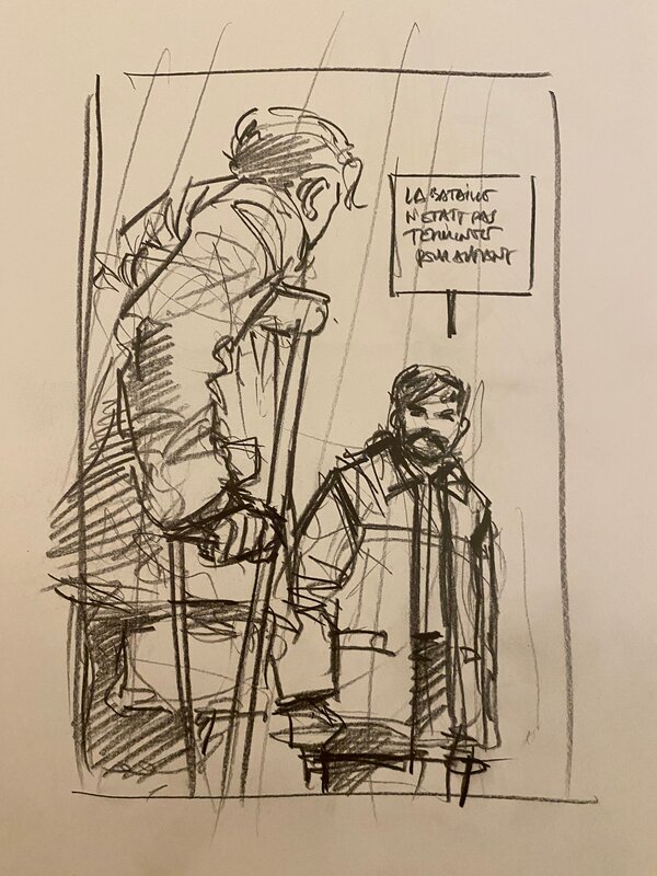 Stéphan Agosto, croquis préparatoire, deux Vétérans, 