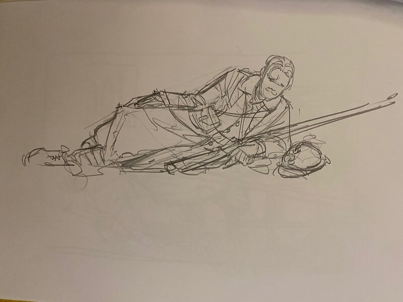 Stéphan Agosto, croquis préparatoire, Poilu allongé, 