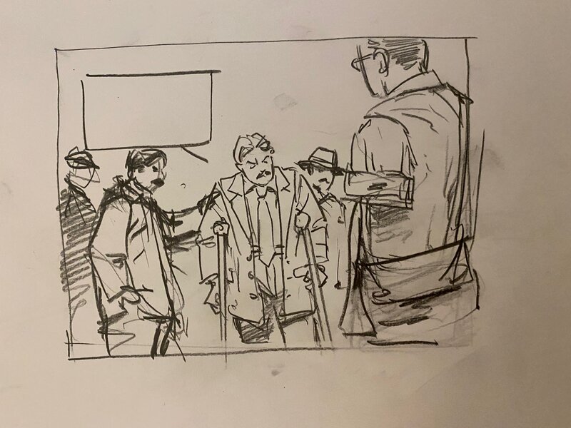 Stéphan Agosto, croquis préparatoire, discussion entre Vétérans, 
