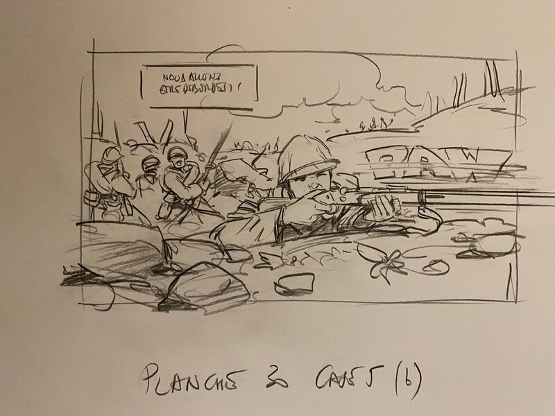 Stéphan Agosto, croquis préparatoires, case 5, planche 30, 