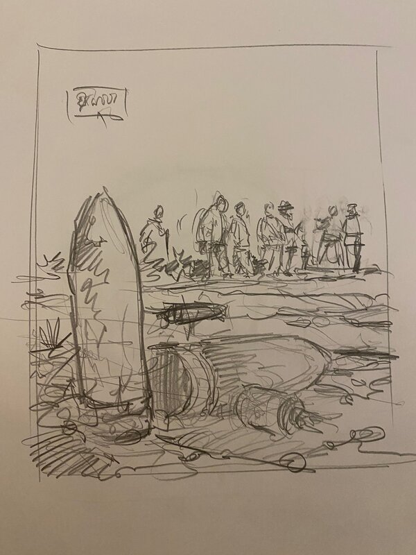 Stéphan Agosto, croquis préparatoire, débris de champ de bataille, 