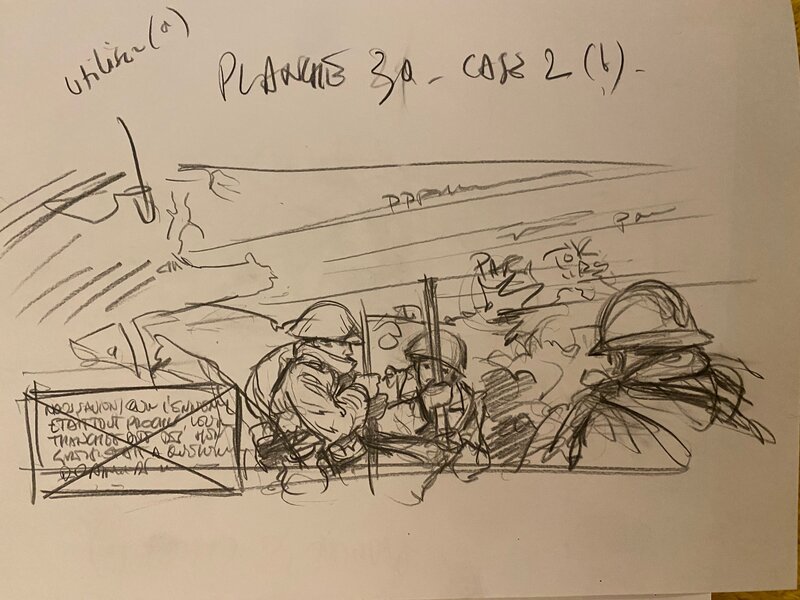 Stéphan Agosto, croquis originaux préparatoires, tirs sur la tranchée, 