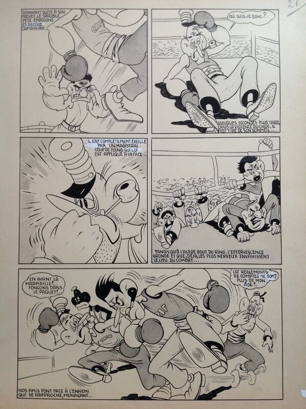 En vente - André Rey ( Atelier Chott ) Planche Originale 21 Cap' tain Paf 4 Sport santé Boxe ,Humour Bd Rc 1952 Pierre Mouchot (très Calvo) - Planche originale
