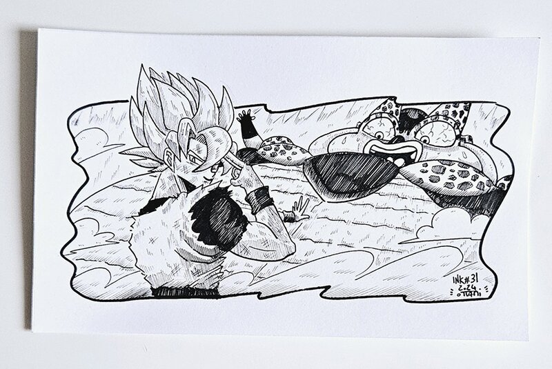 Dessin original de l'Inktober 2024 : Son Goku Vs Cell de Dbz par oTTami ! - Original Illustration