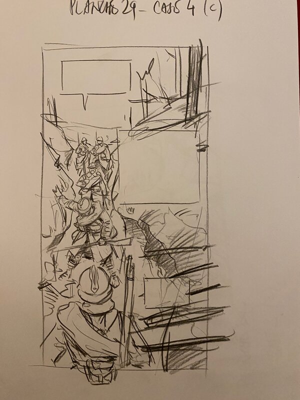 Stéphan Agosto, croquis préparatoires, progression dans la tranchée, 