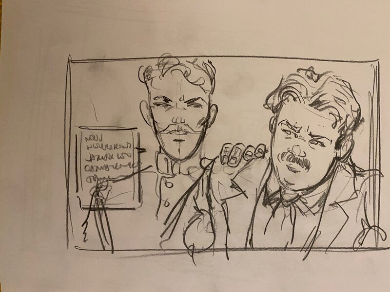Stéphan Agosto, croquis préparatoire, deux Vétérans se recueillent sur le champ de bataille, 