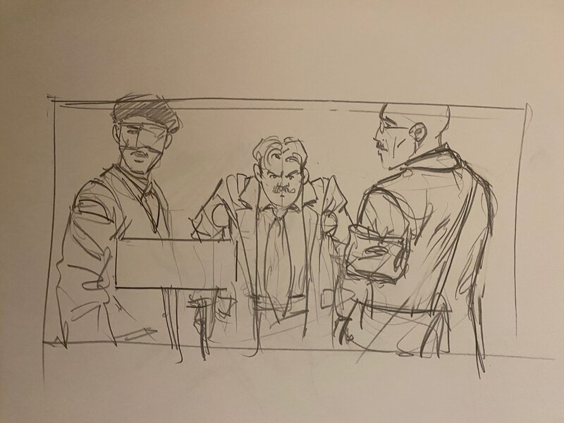 Stéphan Agosto, croquis préparatoire, trois Vétérans Invalides de guerre en discussion, 
