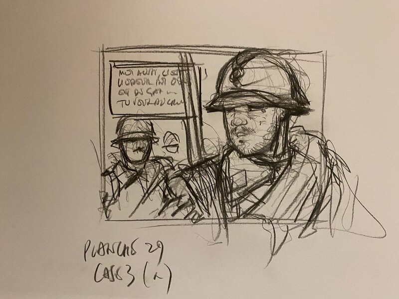 Stéphan Agosto, croquis préparatoires, scène de discussion entre deux Poilus, 