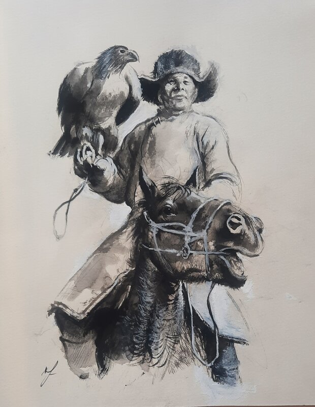 Chasseur au faucon par René Follet - Illustration originale