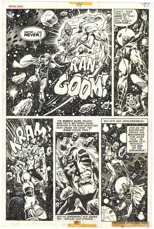 En vente - Al Milgrom, Captain Marvel #43 p27 (Drax Battle) - Planche originale