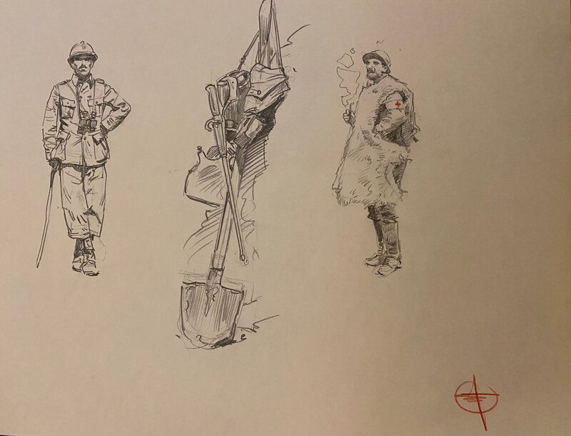 Stéphan Agosto, illustration originale, détails d'uniformes et de matériel dans les tranchées, 