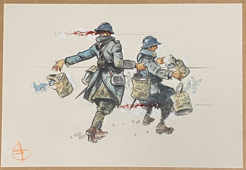 Stéphan Agosto, illustration originale, corvée de soupe fauchée par les tirs ennemis, 