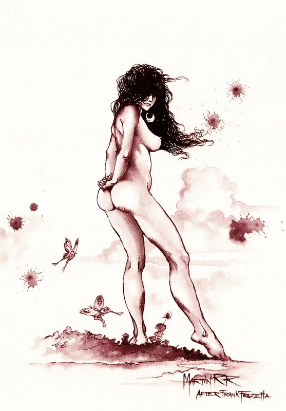 En vente - Martin RR, Wine Art, Nymphe, Hommage à Frank Frazetta, Signé par Sara Frazetta - Illustration originale