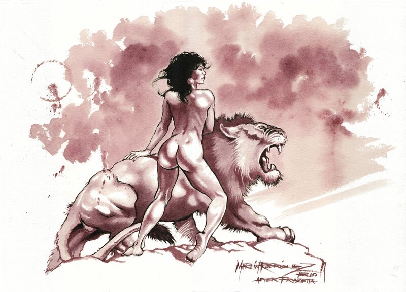 En vente - Martin RR, Wine Art, Fille Frazetta avec lion, Hommage à Frank Frazetta, Signé par Sara Frazetta - Illustration originale