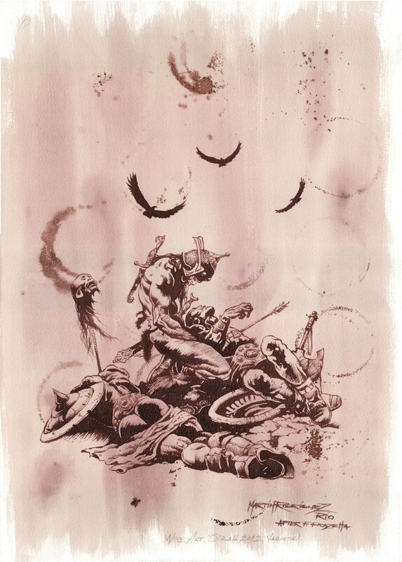 En vente - Martin RR, Wine Art, Le champ de bataille (guerrier mort) - Hommage à Frank Frazetta - Signé par Sara Frazetta - Illustration originale