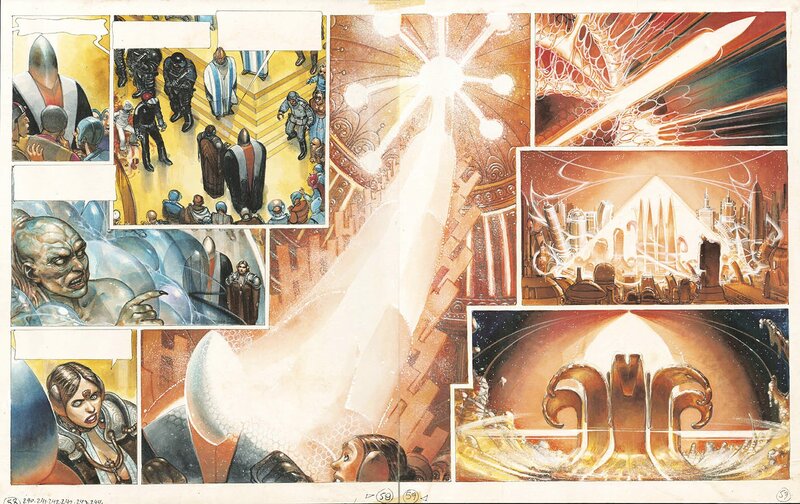 En vente - Juan Giménez, La Caste des Méta-Barons : Tome 4 - Double Page 58-59 - Planche originale