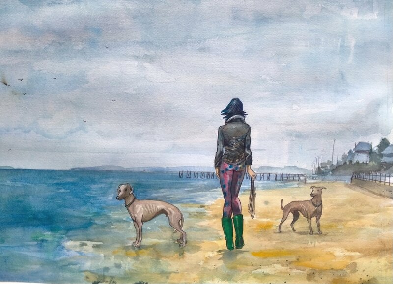 En vente - Davide Garota, Lévriers sur la plage - Illustration originale