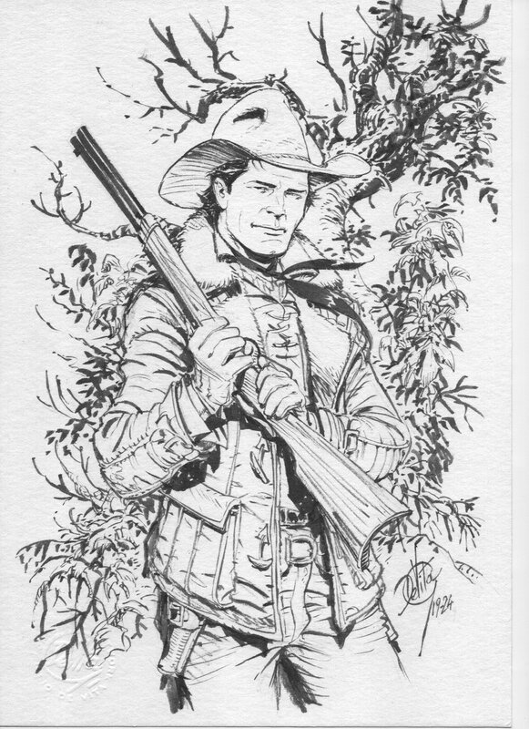 En vente - Giulio de vita, Tex avec fusil devant un arbre - Illustration originale