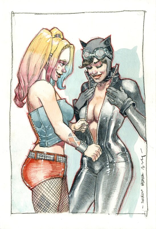 En vente - Sergio Bleda, Catwoman et Harley Queen - Illustration originale