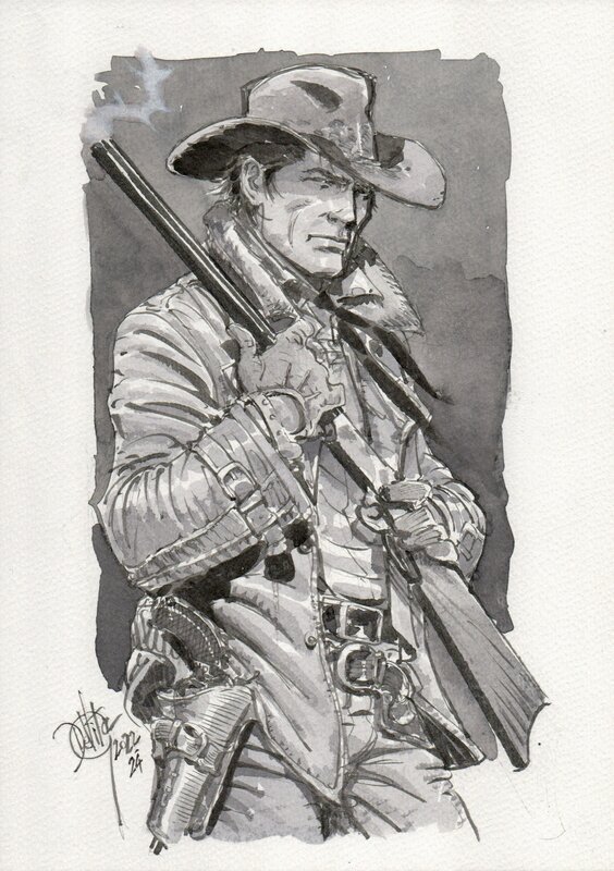 En vente - Giulio de vita, Dessin a l’aquarelle de Tex avec fusil - Illustration originale