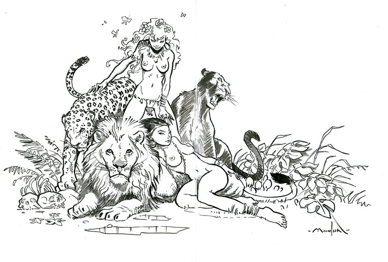 Filles et félins par Régis Moulun - Illustration originale