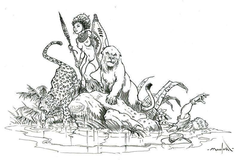 Guerrière et félins par Régis Moulun - Illustration originale