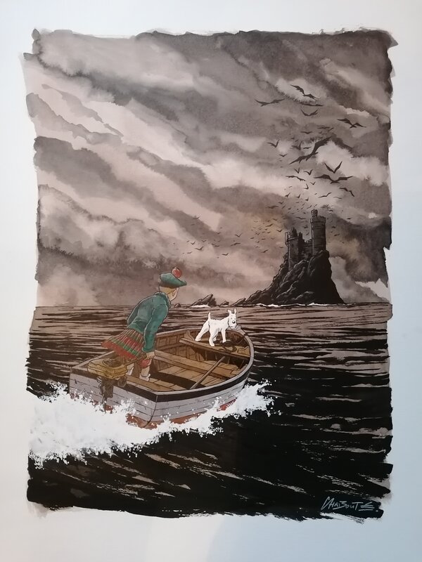 En vente - Christophe Chabouté, Hommage à Hergé... L'île noire... - Illustration originale