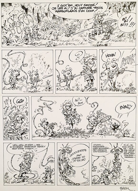 Batem, Greg, André Franquin, Batem, La queue du Marsupilami, planche n°44, 1987. - Comic Strip