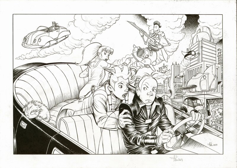 En vente - Fabrice Lebeault, Spirou, la poursuite volante - Illustration originale