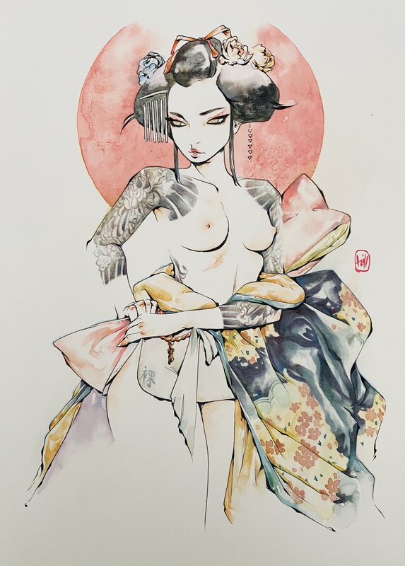 Geisha et tatouage par Hill Chuma - Illustration originale