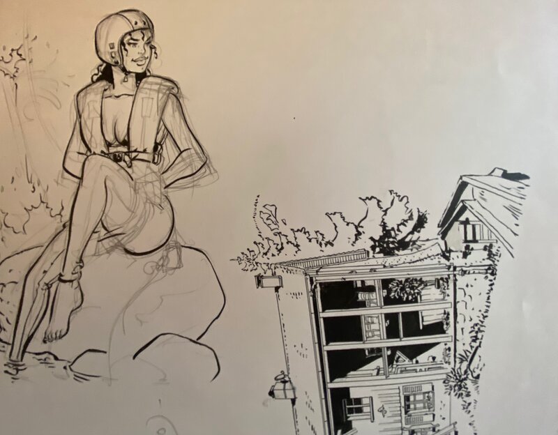 Félix Meynet, illustration originale, étude pour un personnage féminin et un chalet. - Œuvre originale