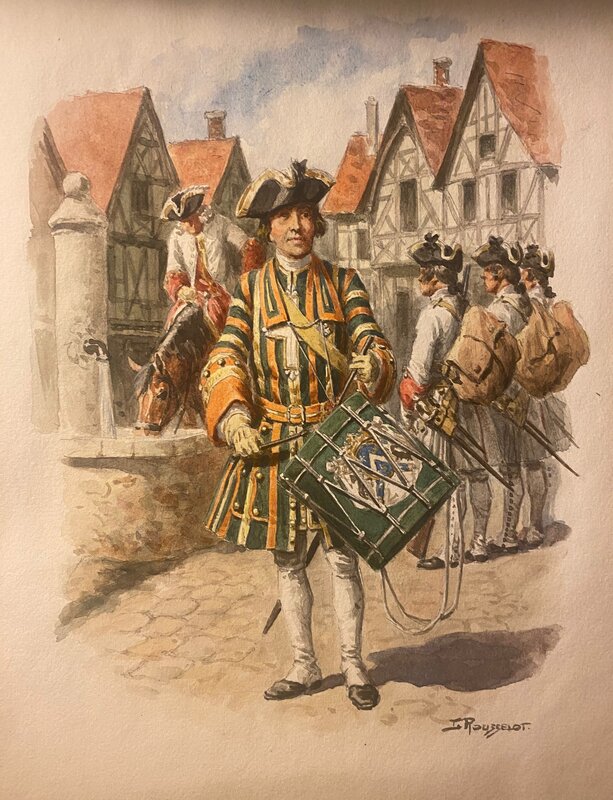 Lucien Rousselot; illustration originale, Tambour, 15e Régiment Lyonnais 1720-1736. - Original Illustration