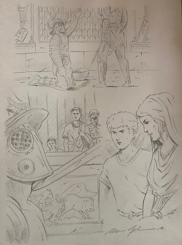 Marc Jailloux repésentant les personnages créés par Jacques Martin, illustration originale, 