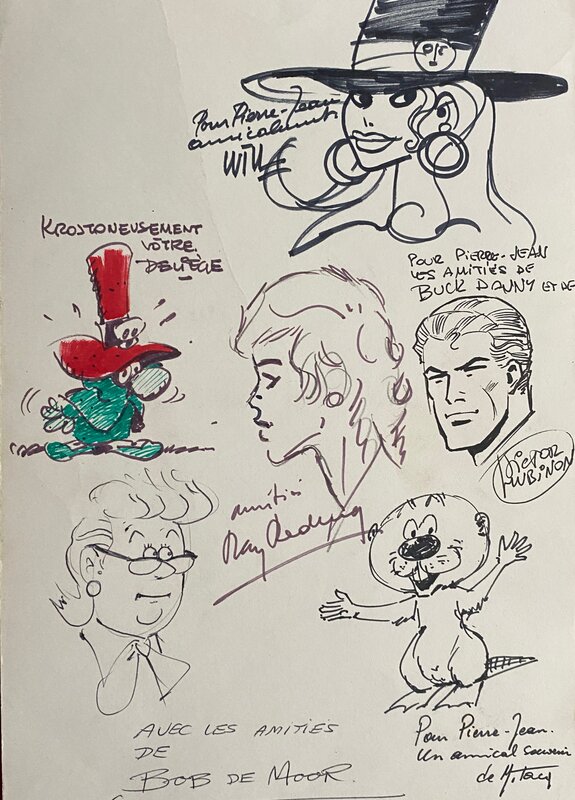 Will, Victor Hubinon, Paul Deliège, Raymond Reding, Bob De Moor, Collectif de dessinateurs, ensemble de 6 illustrations originales extraites d'un carnet de dédicaces ... - Sketch