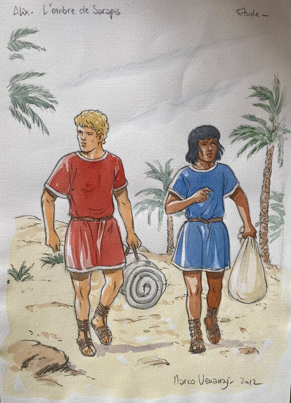 Marco Venanzi, illustration originale couleur représentant les célèbres héros créés par Jacques Martin, Alix et Enak. - Illustration originale