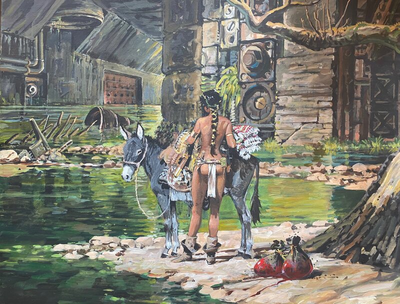 Michel Faure, huile sur toile, Samsara, Jeune Femme et son âne. - Illustration originale